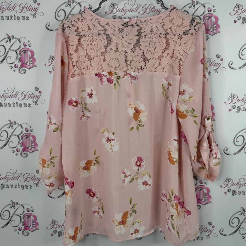 INC international company blouse flowers zip up gold Pink Floral Lace Blouse - Picture 2 of 7